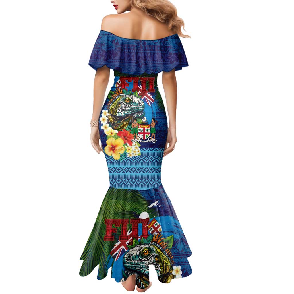 Fiji Iguana-Coat of Arms Mermaid Dress with Hibiscus and Plumeria Palm Tree Tapa Art LT03 - Polynesian Pride