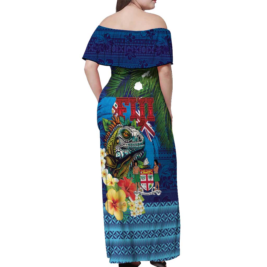 Fiji Iguana-Coat of Arms Off Shoulder Maxi Dress with Hibiscus and Plumeria Palm Tree Tapa Art LT03 - Polynesian Pride