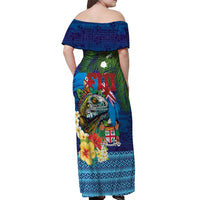 Fiji Iguana-Coat of Arms Off Shoulder Maxi Dress with Hibiscus and Plumeria Palm Tree Tapa Art LT03 - Polynesian Pride