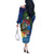 Fiji Iguana-Coat of Arms Off The Shoulder Long Sleeve Dress with Hibiscus and Plumeria Palm Tree Tapa Art