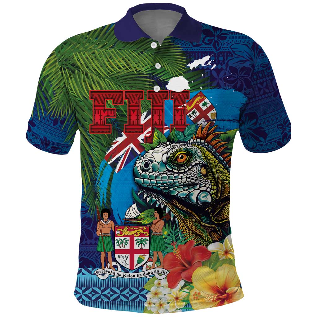 Fiji Iguana-Coat of Arms Polo Shirt with Hibiscus and Plumeria Palm Tree Tapa Art LT03 Blue - Polynesian Pride