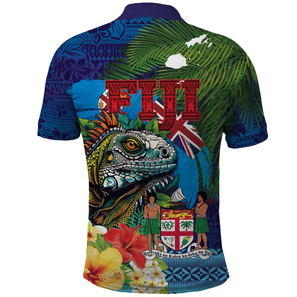 Fiji Iguana-Coat of Arms Polo Shirt with Hibiscus and Plumeria Palm Tree Tapa Art LT03 - Polynesian Pride