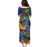 Fiji Iguana-Coat of Arms Puletasi with Hibiscus and Plumeria Palm Tree Tapa Art