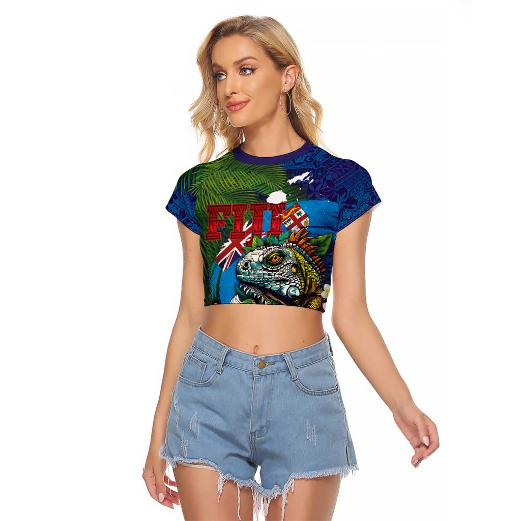 Fiji Iguana-Coat of Arms Raglan Cropped T Shirt with Hibiscus and Plumeria Palm Tree Tapa Art LT03 Female Blue - Polynesian Pride
