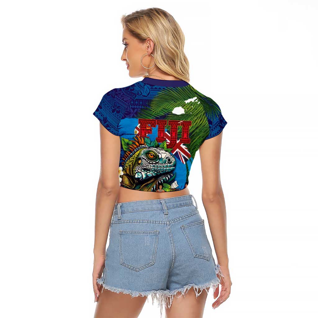 Fiji Iguana-Coat of Arms Raglan Cropped T Shirt with Hibiscus and Plumeria Palm Tree Tapa Art LT03 - Polynesian Pride