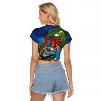 Fiji Iguana-Coat of Arms Raglan Cropped T Shirt with Hibiscus and Plumeria Palm Tree Tapa Art LT03 - Polynesian Pride