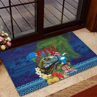 Fiji Iguana-Coat of Arms Rubber Doormat with Hibiscus and Plumeria Palm Tree Tapa Art