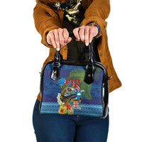 Fiji Iguana-Coat of Arms Shoulder Handbag with Hibiscus and Plumeria Palm Tree Tapa Art