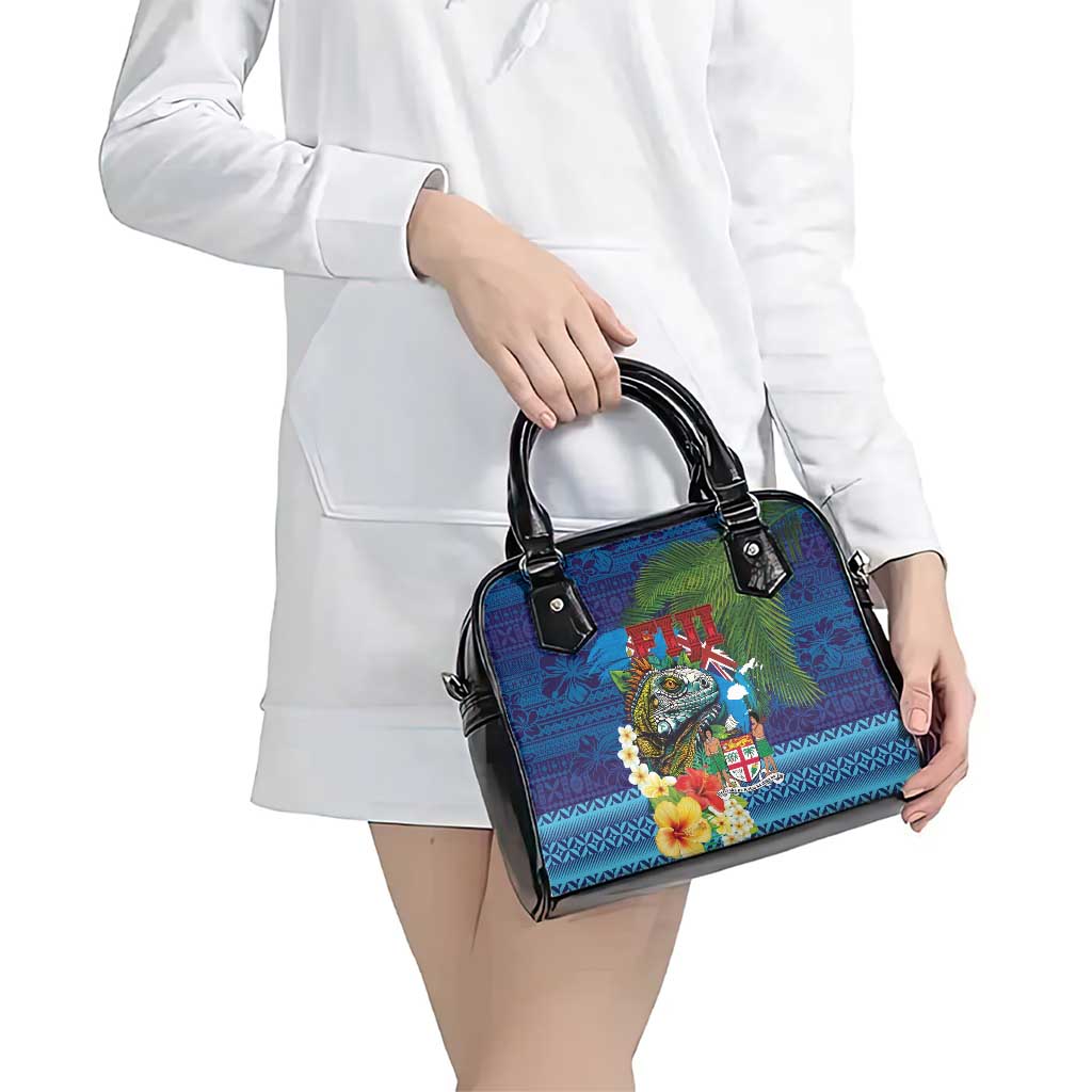 Fiji Iguana-Coat of Arms Shoulder Handbag with Hibiscus and Plumeria Palm Tree Tapa Art