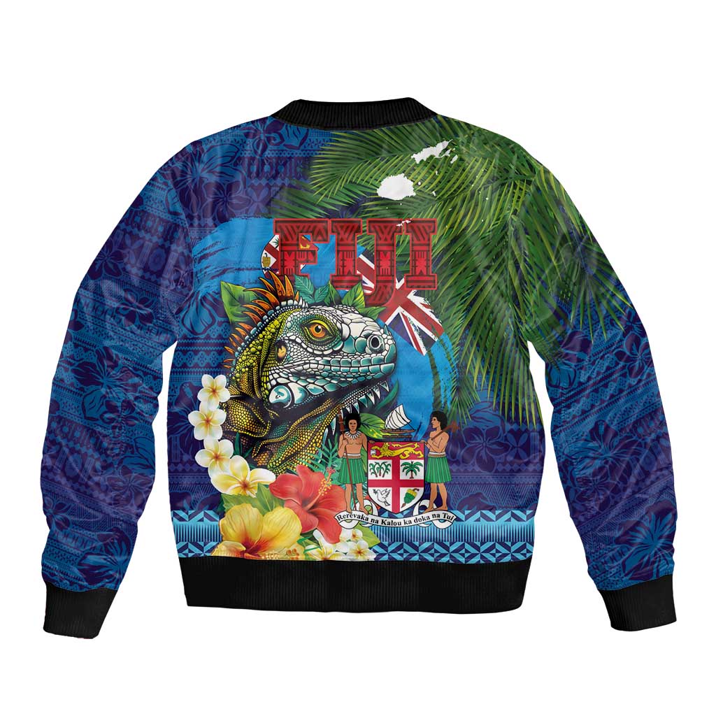 Fiji Iguana-Coat of Arms Sleeve Zip Bomber Jacket with Hibiscus and Plumeria Palm Tree Tapa Art