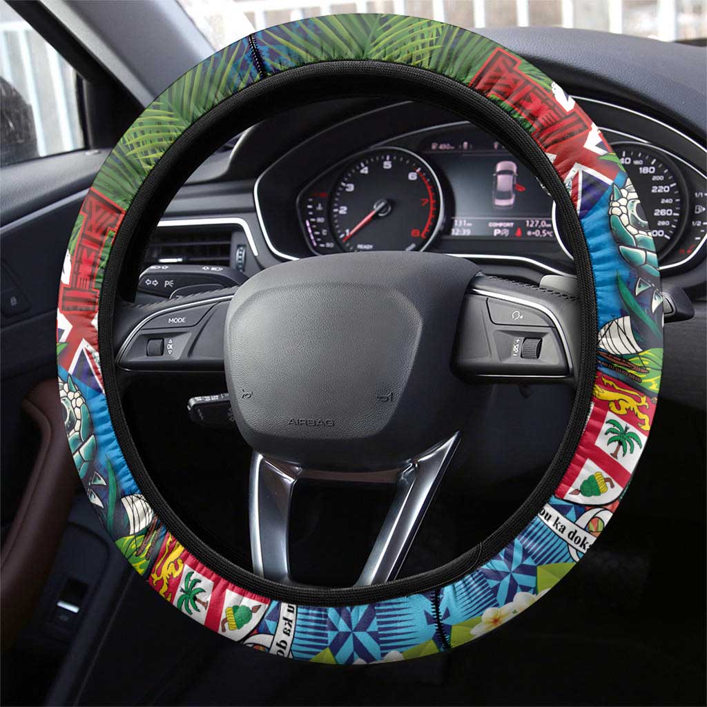 Fiji Iguana-Coat of Arms Steering Wheel Cover with Hibiscus and Plumeria Palm Tree Tapa Art