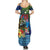 Fiji Iguana-Coat of Arms Summer Maxi Dress with Hibiscus and Plumeria Palm Tree Tapa Art