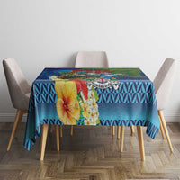 Fiji Iguana-Coat of Arms Tablecloth with Hibiscus and Plumeria Palm Tree Tapa Art