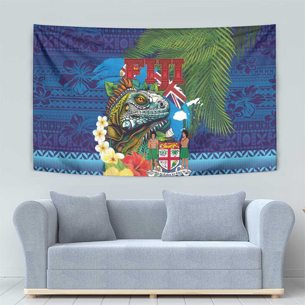 Fiji Iguana-Coat of Arms Tapestry with Hibiscus and Plumeria Palm Tree Tapa Art