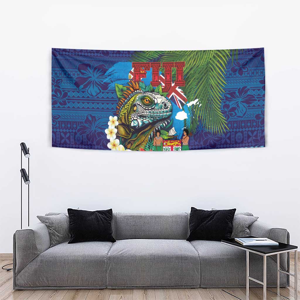 Fiji Iguana-Coat of Arms Tapestry with Hibiscus and Plumeria Palm Tree Tapa Art