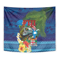 Fiji Iguana-Coat of Arms Tapestry with Hibiscus and Plumeria Palm Tree Tapa Art