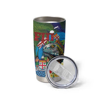Fiji Iguana-Coat of Arms Tumbler Cup with Hibiscus and Plumeria Palm Tree Tapa Art