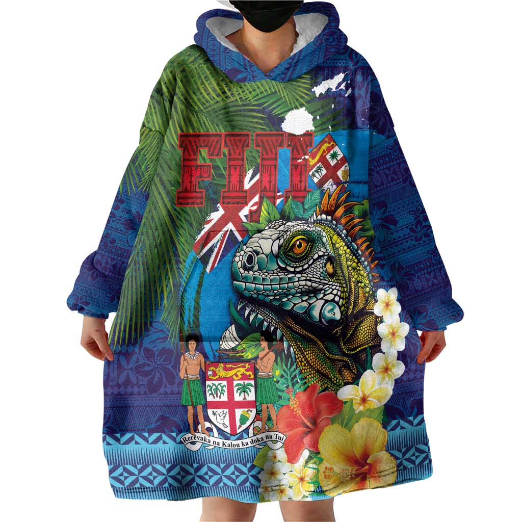 Fiji Iguana-Coat of Arms Wearable Blanket Hoodie with Hibiscus and Plumeria Palm Tree Tapa Art