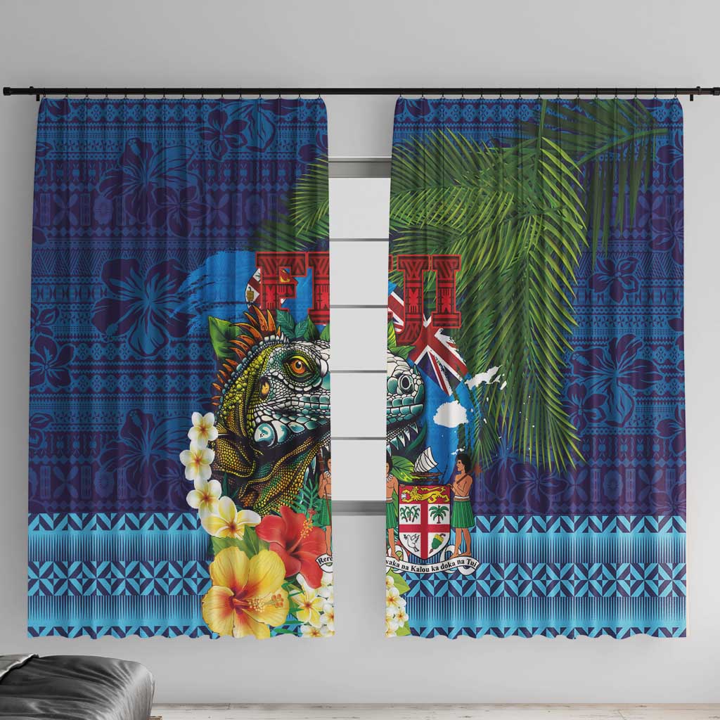 Fiji Iguana-Coat of Arms Window Curtain with Hibiscus and Plumeria Palm Tree Tapa Art