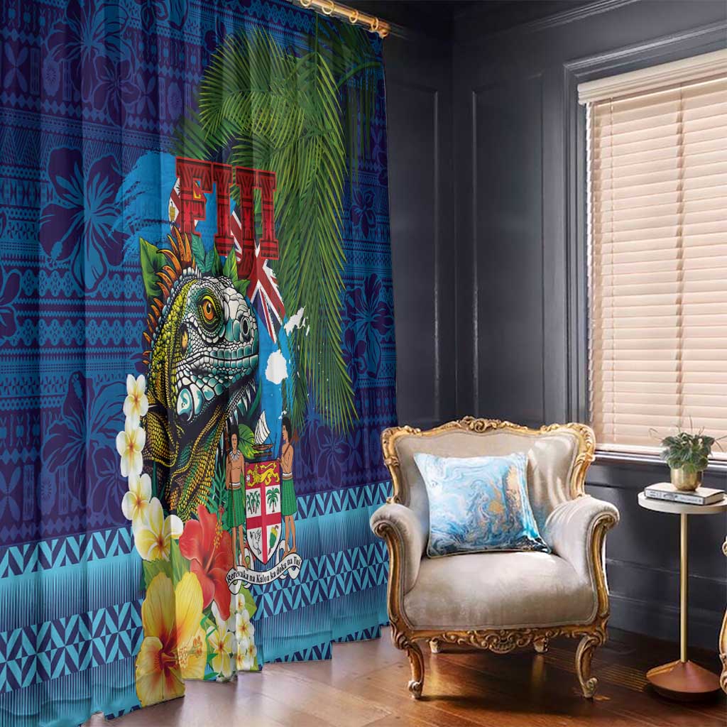 Fiji Iguana-Coat of Arms Window Curtain with Hibiscus and Plumeria Palm Tree Tapa Art