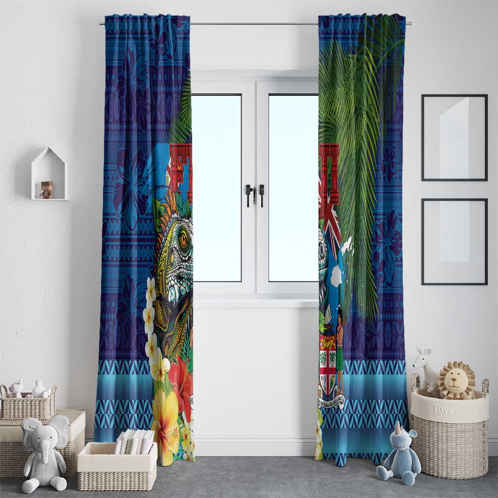 Fiji Iguana-Coat of Arms Window Curtain with Hibiscus and Plumeria Palm Tree Tapa Art