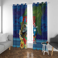 Fiji Iguana-Coat of Arms Window Curtain with Hibiscus and Plumeria Palm Tree Tapa Art