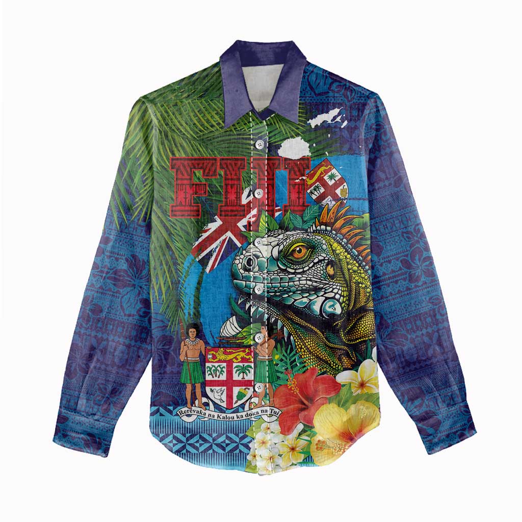 Fiji Iguana-Coat of Arms Women Casual Shirt with Hibiscus and Plumeria Palm Tree Tapa Art LT03 - Polynesian Pride
