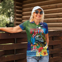 Fiji Iguana-Coat of Arms Women Polo Shirt with Hibiscus and Plumeria Palm Tree Tapa Art