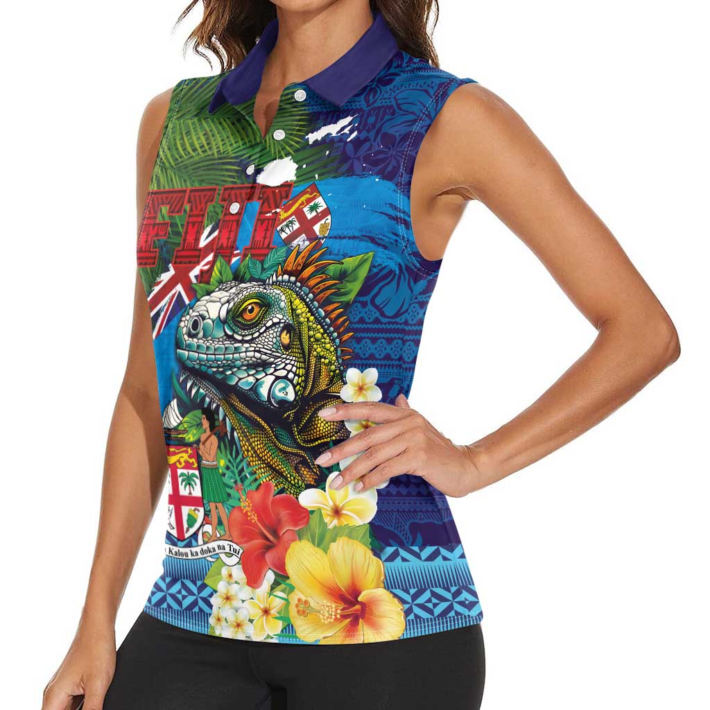 Fiji Iguana-Coat of Arms Women Sleeveless Polo Shirt with Hibiscus and Plumeria Palm Tree Tapa Art