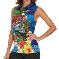 Fiji Iguana-Coat of Arms Women Sleeveless Polo Shirt with Hibiscus and Plumeria Palm Tree Tapa Art