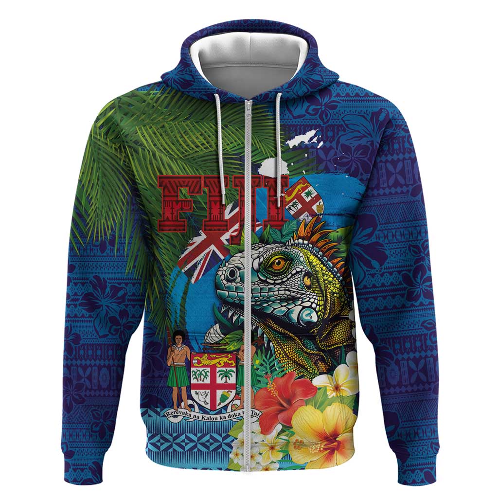 Fiji Iguana-Coat of Arms Zip Hoodie with Hibiscus and Plumeria Palm Tree Tapa Art LT03 Zip Hoodie Blue - Polynesian Pride