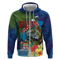 Fiji Iguana-Coat of Arms Zip Hoodie with Hibiscus and Plumeria Palm Tree Tapa Art LT03 Zip Hoodie Blue - Polynesian Pride