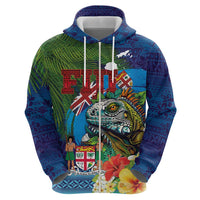 Fiji Iguana-Coat of Arms Zip Hoodie with Hibiscus and Plumeria Palm Tree Tapa Art LT03 - Polynesian Pride
