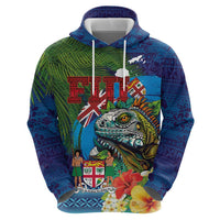 Fiji Iguana-Coat of Arms Zip Hoodie with Hibiscus and Plumeria Palm Tree Tapa Art LT03 - Polynesian Pride