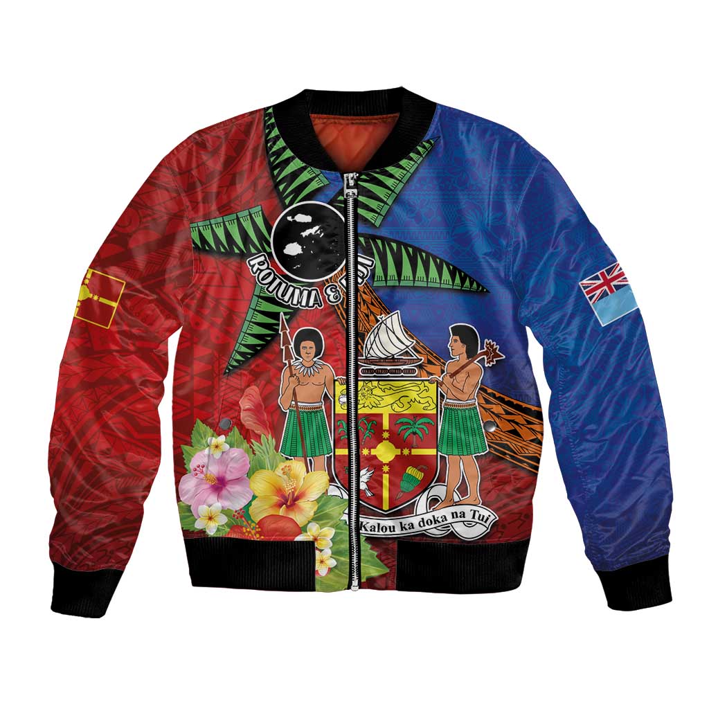 Personalised Fiji and Rotuma Together Bomber Jacket Fjian Masi and Pacific Pattern Mix Culture