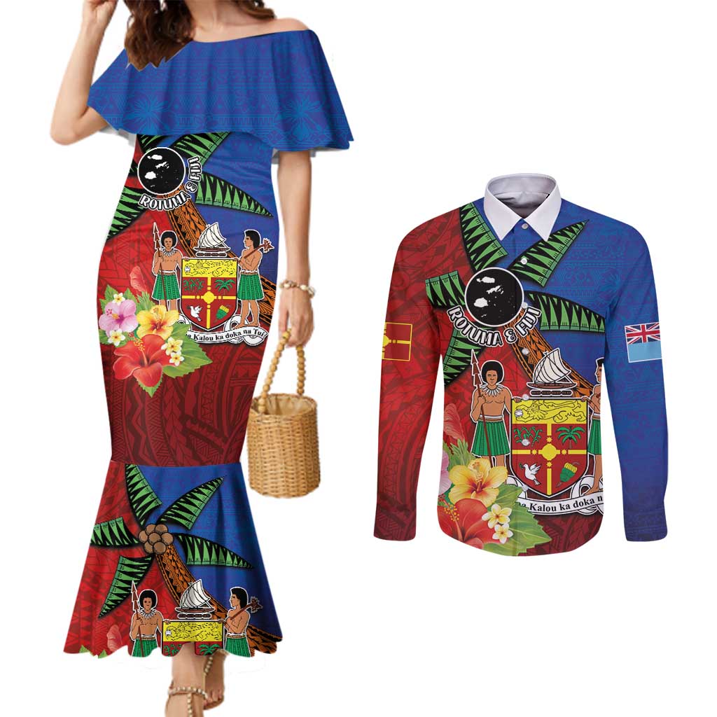 Personalised Fiji and Rotuma Together Couples Matching Mermaid Dress and Long Sleeve Button Shirt Fjian Masi and Pacific Pattern Mix Culture