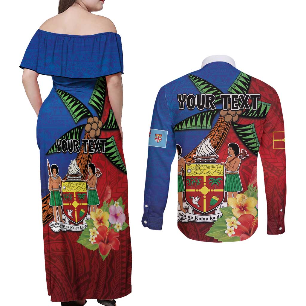 Personalised Fiji and Rotuma Together Couples Matching Off Shoulder Maxi Dress and Long Sleeve Button Shirt Fjian Masi and Pacific Pattern Mix Culture