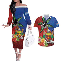 Personalised Fiji and Rotuma Together Couples Matching Off The Shoulder Long Sleeve Dress and Hawaiian Shirt Fjian Masi and Pacific Pattern Mix Culture