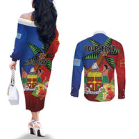 Personalised Fiji and Rotuma Together Couples Matching Off The Shoulder Long Sleeve Dress and Long Sleeve Button Shirt Fjian Masi and Pacific Pattern Mix Culture