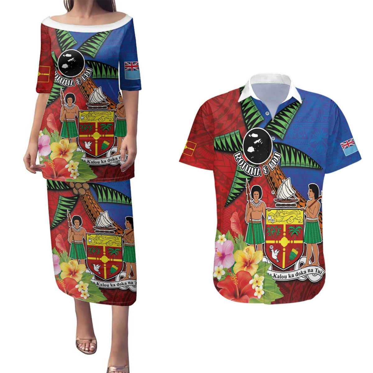 Personalised Fiji and Rotuma Together Couples Matching Puletasi and Hawaiian Shirt Fjian Masi and Pacific Pattern Mix Culture