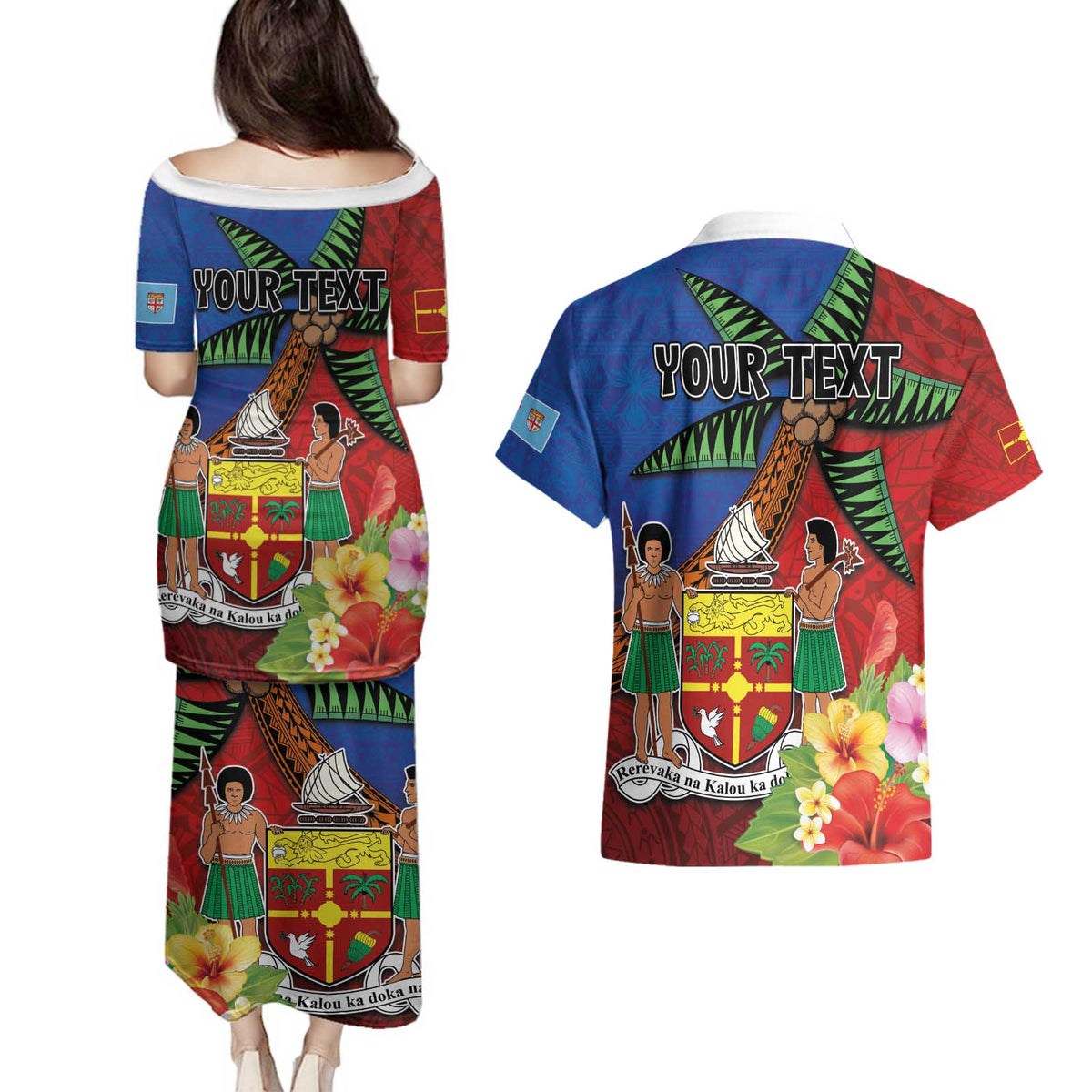 Personalised Fiji and Rotuma Together Couples Matching Puletasi and Hawaiian Shirt Fjian Masi and Pacific Pattern Mix Culture