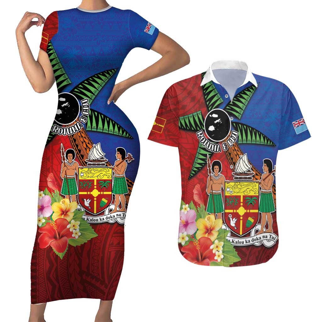 Personalised Fiji and Rotuma Together Couples Matching Short Sleeve Bodycon Dress and Hawaiian Shirt Fjian Masi and Pacific Pattern Mix Culture