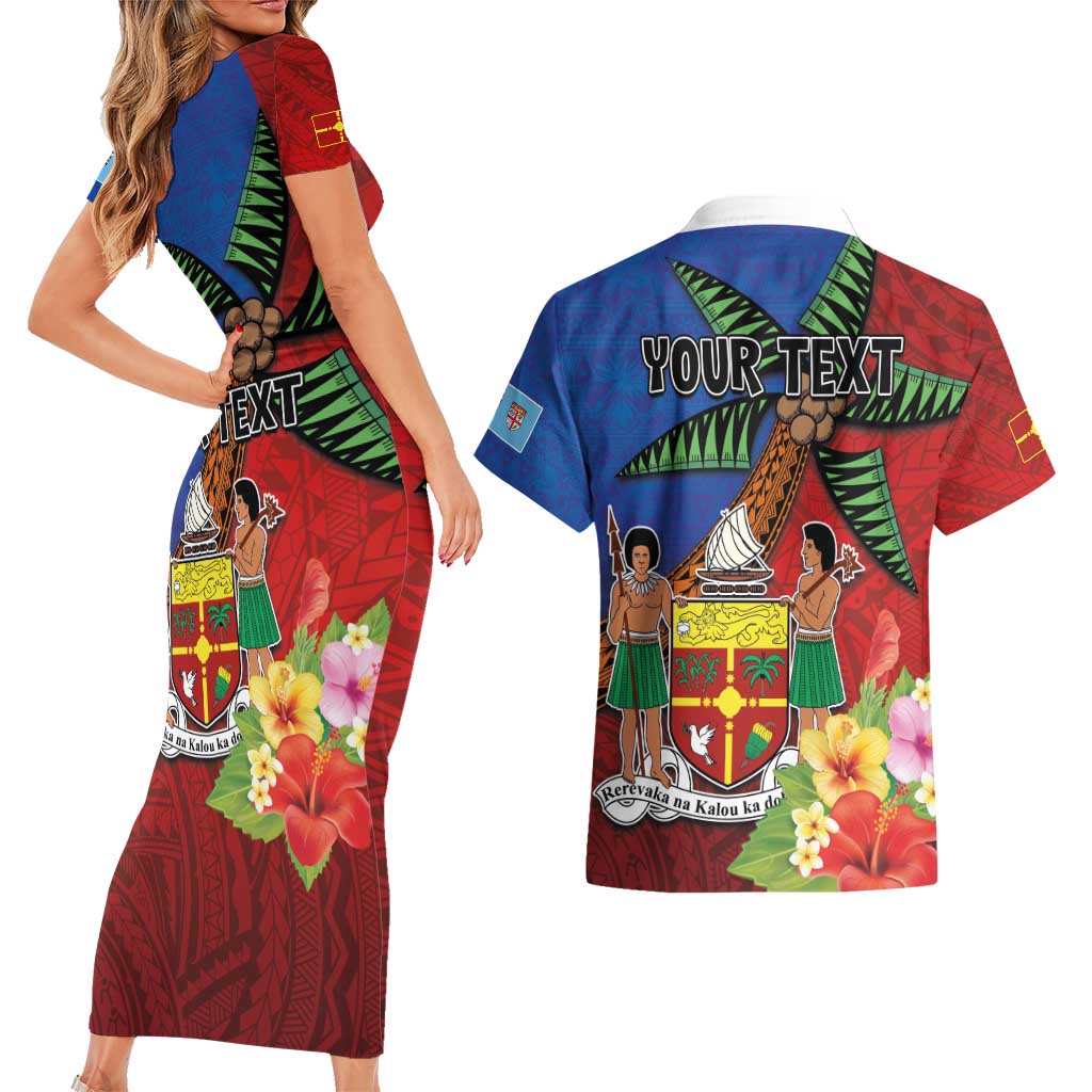 Personalised Fiji and Rotuma Together Couples Matching Short Sleeve Bodycon Dress and Hawaiian Shirt Fjian Masi and Pacific Pattern Mix Culture