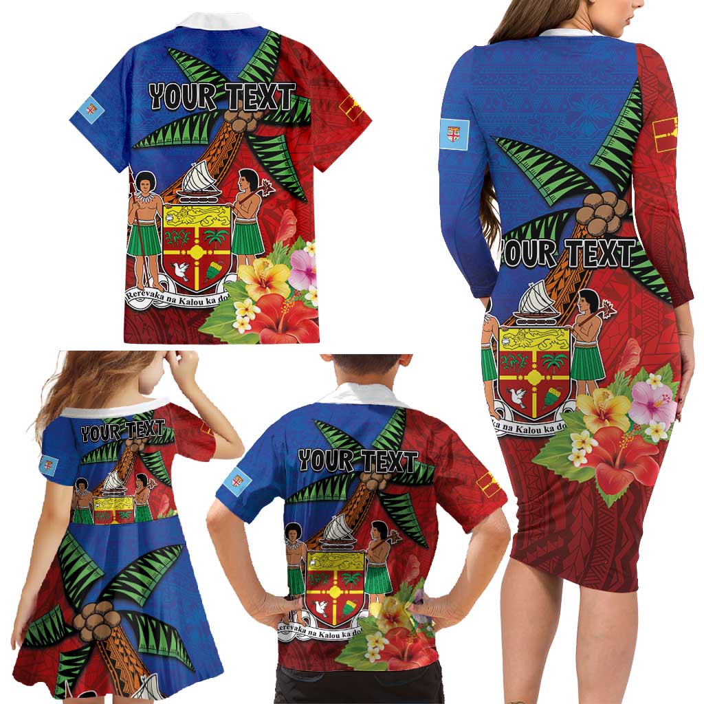 Personalised Fiji and Rotuma Together Family Matching Long Sleeve Bodycon Dress and Hawaiian Shirt Fjian Masi and Pacific Pattern Mix Culture