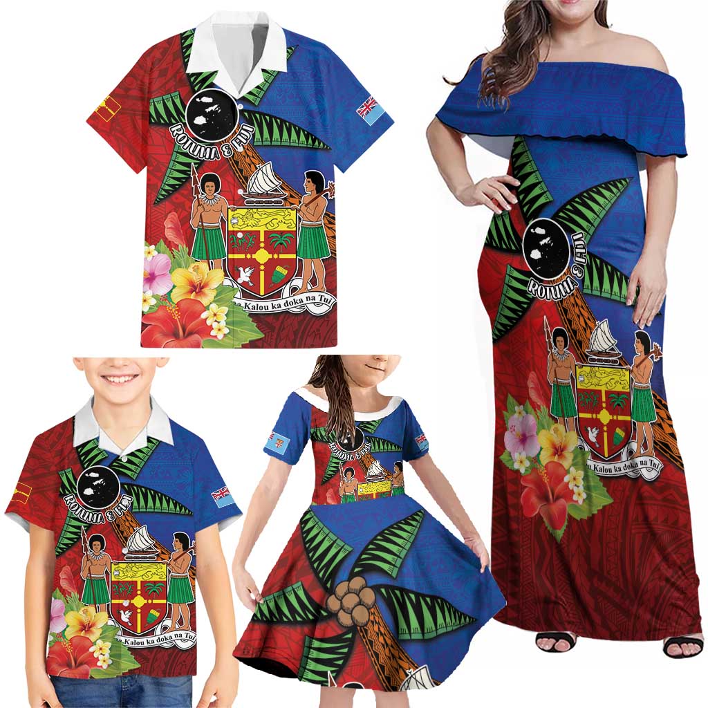 Personalised Fiji and Rotuma Together Family Matching Off Shoulder Maxi Dress and Hawaiian Shirt Fjian Masi and Pacific Pattern Mix Culture