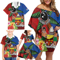 Personalised Fiji and Rotuma Together Family Matching Off Shoulder Short Dress and Hawaiian Shirt Fjian Masi and Pacific Pattern Mix Culture