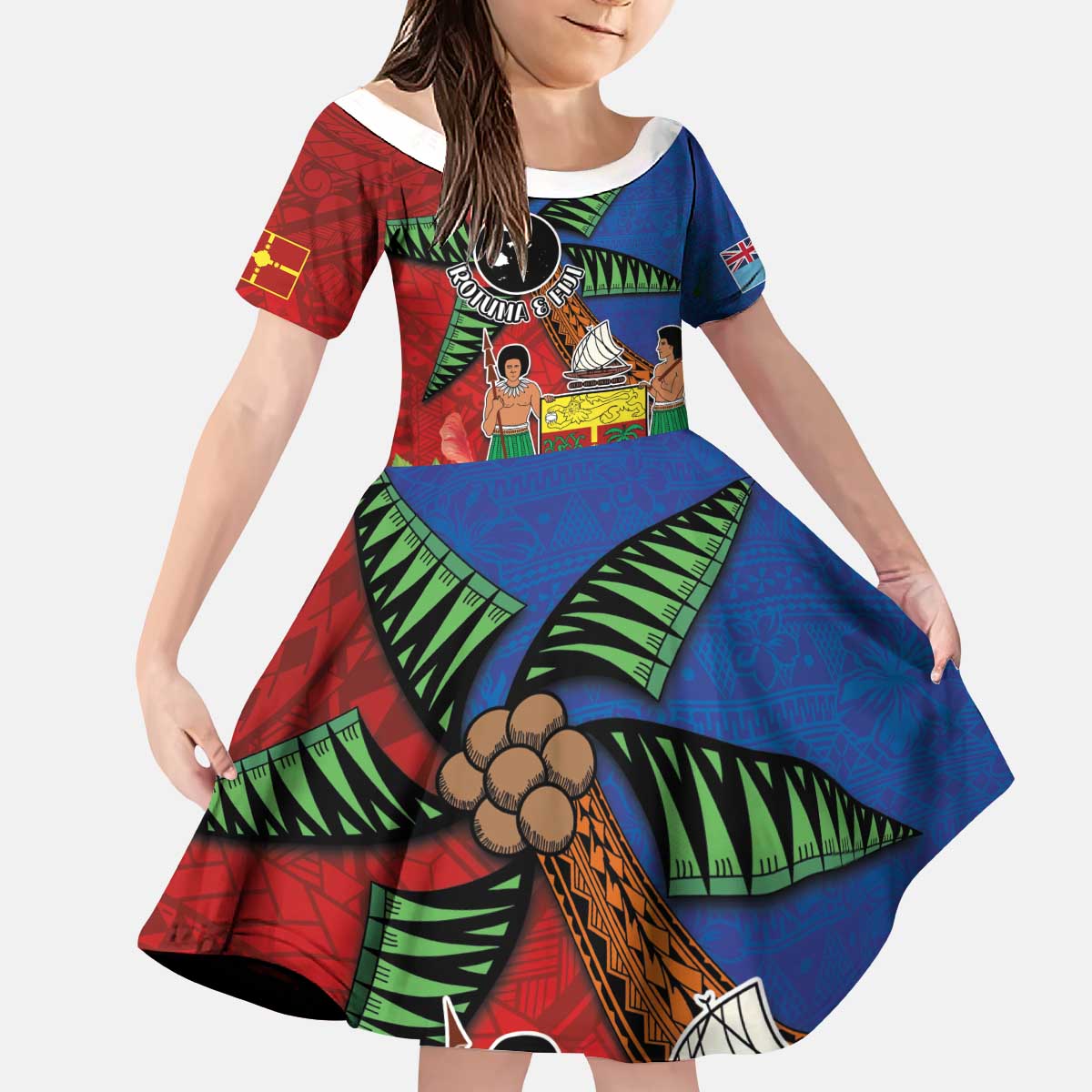 Personalised Fiji and Rotuma Together Kid Short Sleeve Dress Fjian Masi and Pacific Pattern Mix Culture