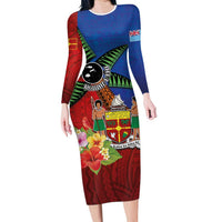 Personalised Fiji and Rotuma Together Long Sleeve Bodycon Dress Fjian Masi and Pacific Pattern Mix Culture LT03 Long Dress Red - Polynesian Pride
