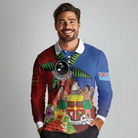 Personalised Fiji and Rotuma Together Long Sleeve Polo Shirt Fjian Masi and Pacific Pattern Mix Culture LT03 - Polynesian Pride