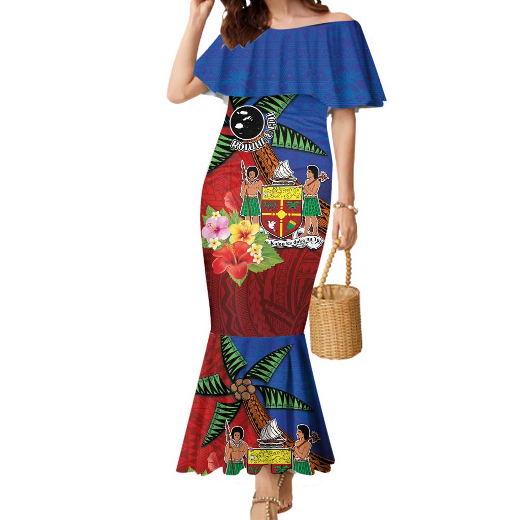 Personalised Fiji and Rotuma Together Mermaid Dress Fjian Masi and Pacific Pattern Mix Culture LT03 Women Red - Polynesian Pride